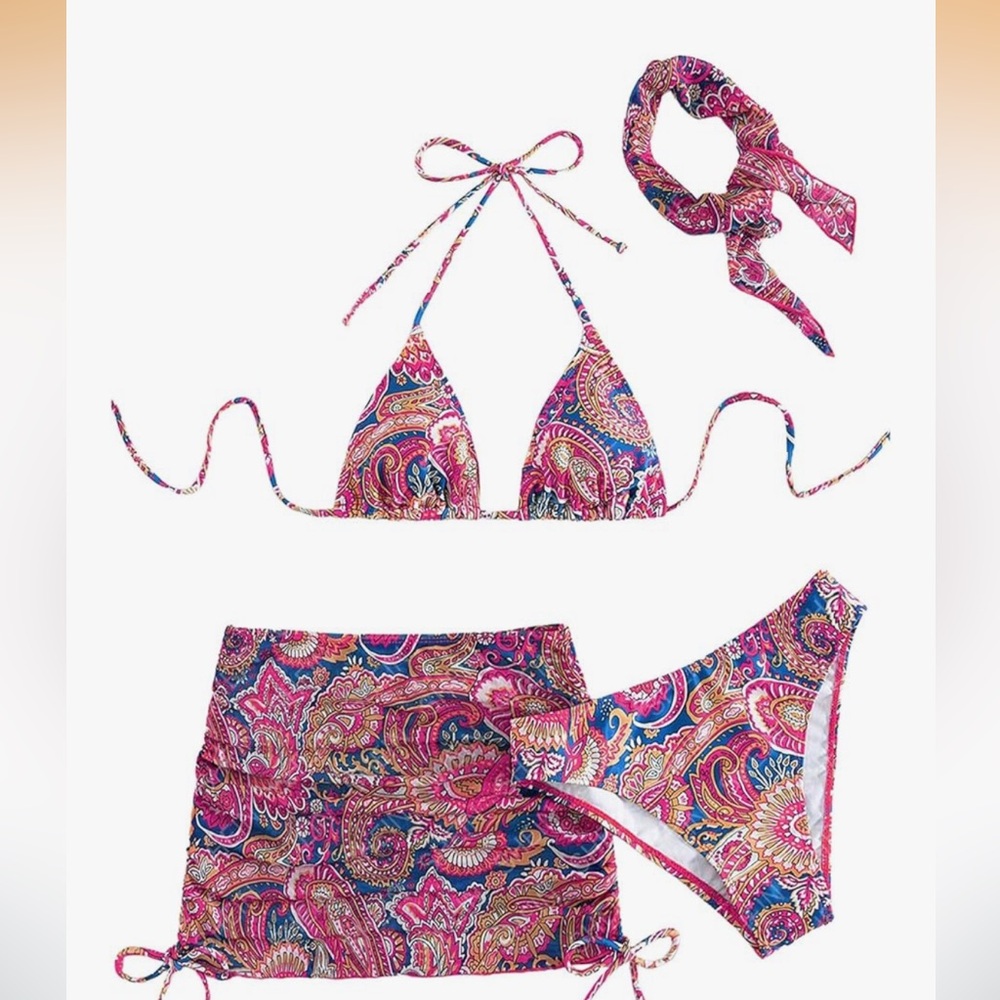 Colorful Paisley Bikini 4 piece Set with Skirt and Headband NEW large‎